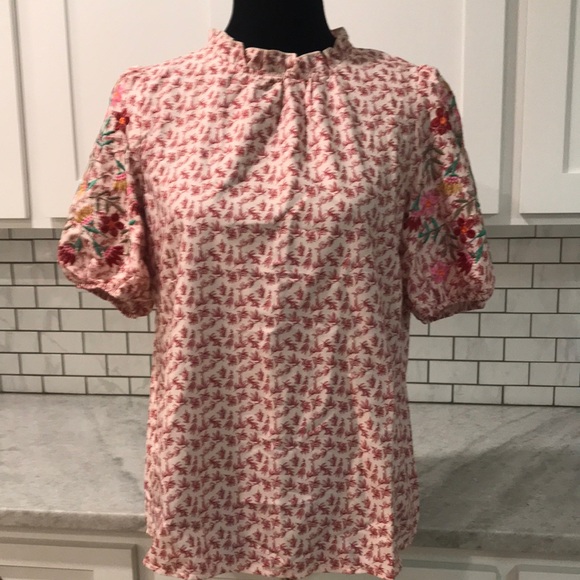 SHEIN Tops - Bohemian Floral Embroidered Blouse Womens Medium Red Ivory Peasant Silky Top